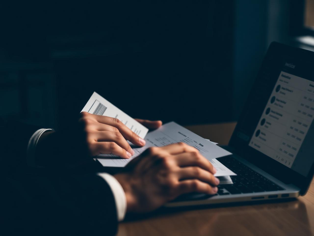 Händer som hanterar fakturor vid en laptop med betalningsöversikt