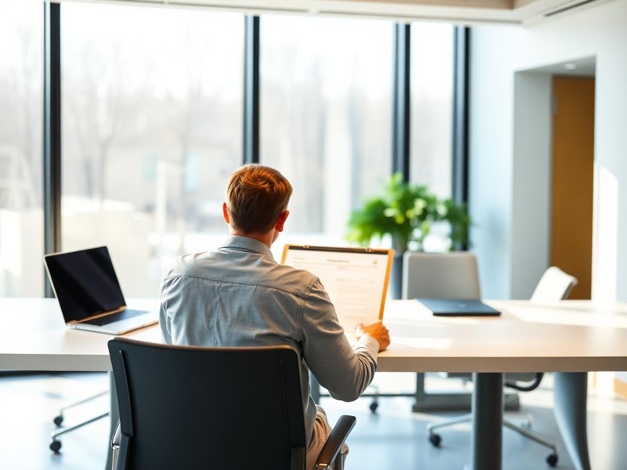 Medarbetare sedd bakifrån går igenom kundunderlag på ett ljust kontor