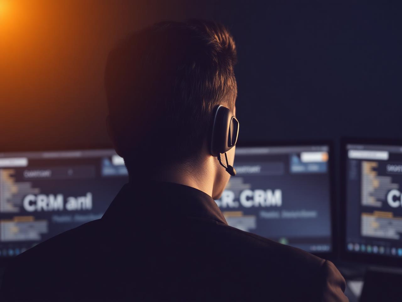 Kundservicemedarbetare med headset sedd bakifrån framför två skärmar
